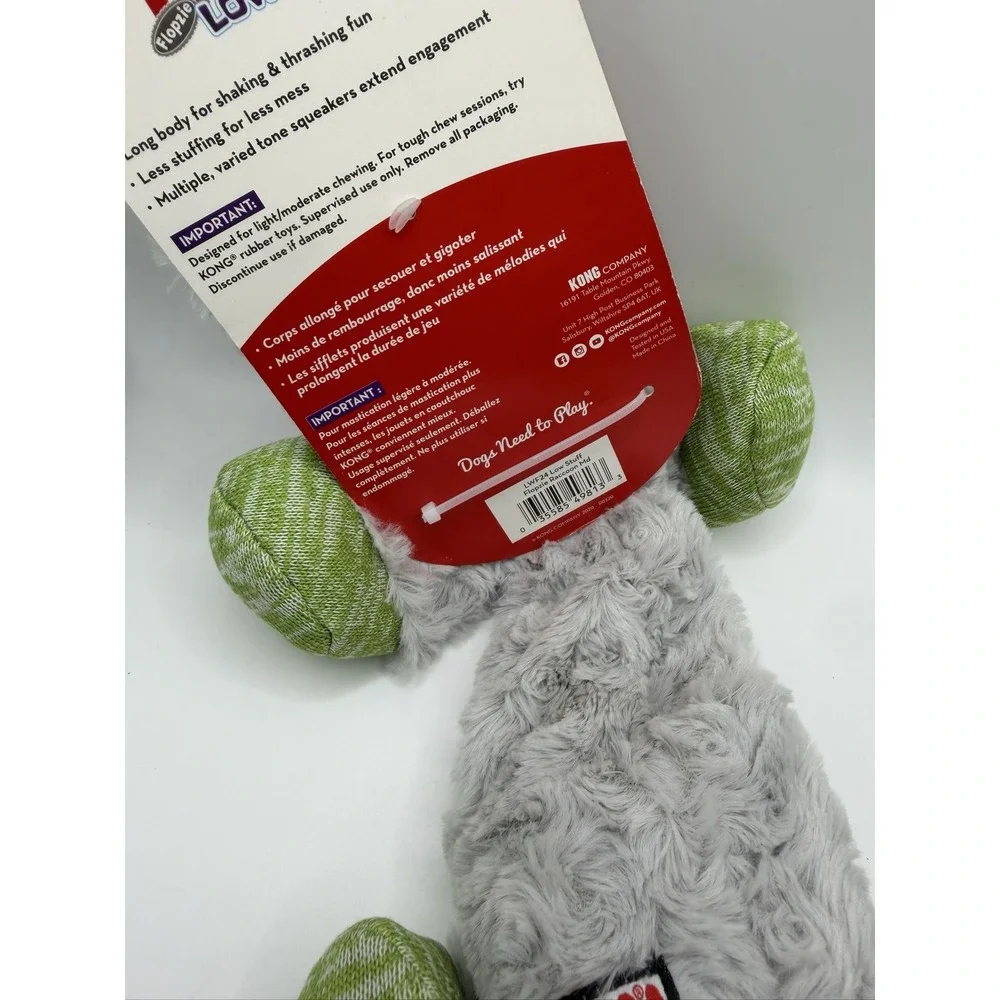 KONG Flopzie Low Stuff Raccoon Dog Toy Squeaky Weighted Medium LWF24